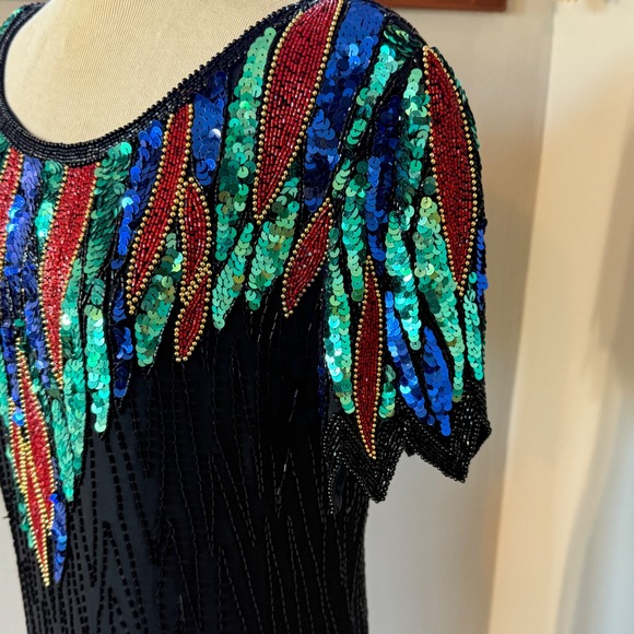 Vintage 80s Nite Line Silk Beaded Sequin Cocktail Dress Black Multicolor Size 12 - Picture 3 of 9